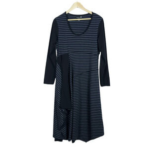 Entrata Dress Large Black Gray Striped Knit Asymmetric Long Sleeves Midi